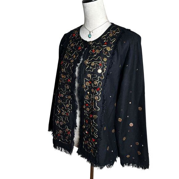Indigo Moon Embellished Black Fray Linen Blend Jacket M | Boho Western Artwear - Picture 3 of 7
